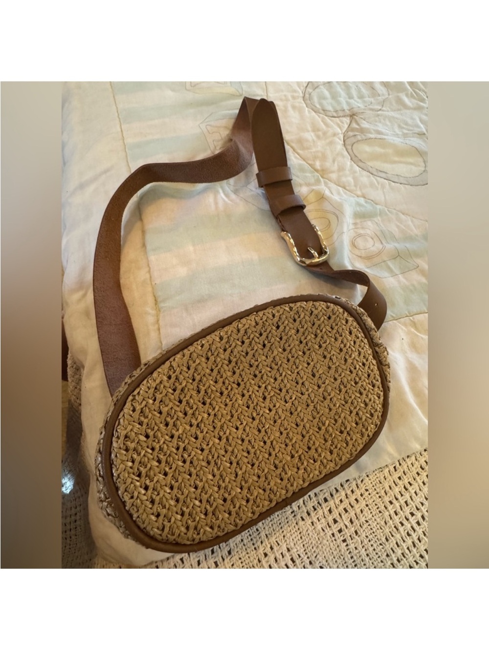 Woven Straw Crossbody Bag with Brown Leather Strap belt bag